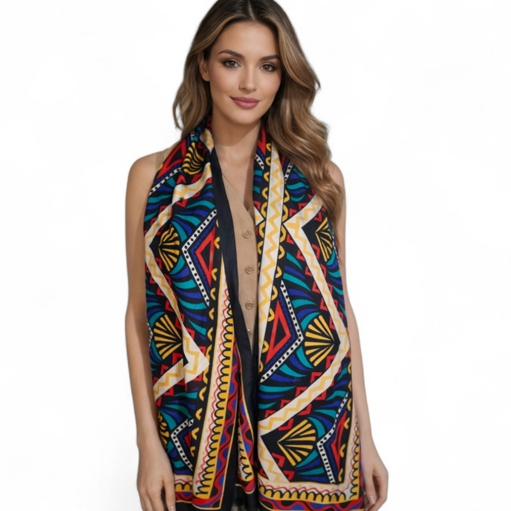 Oversized Long Silk Scarf Bold Geometric Tribal Print Fringe Wrap Shawl